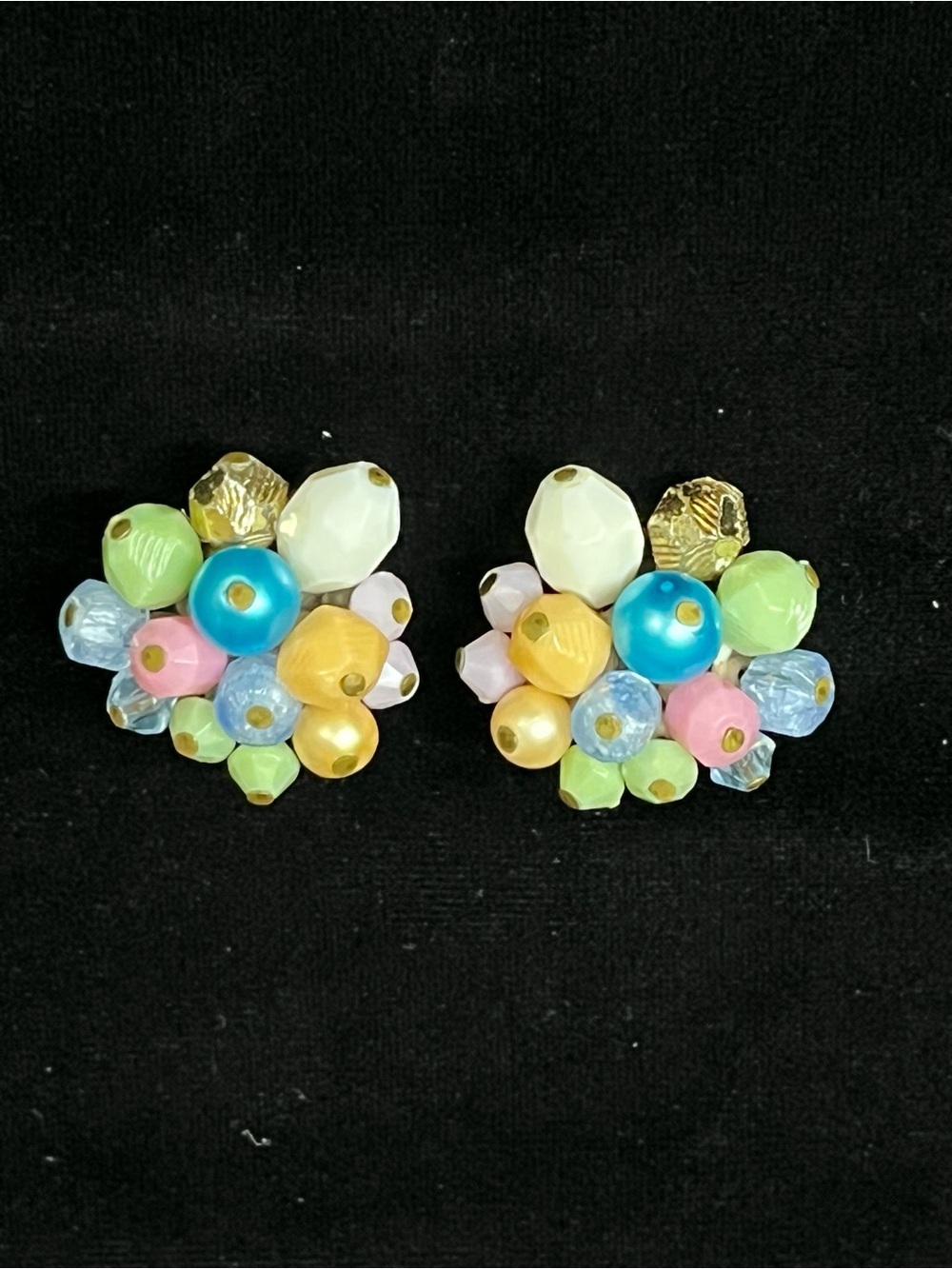 West Germany Vintage Pastel Beaded Cluster Clip Earrings 1735